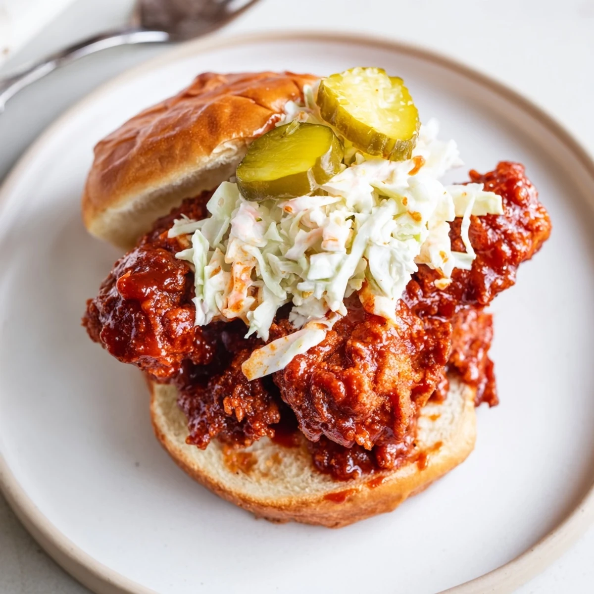 Buttermilk-marinated Spicy Nashville Hot Chicken Sandwiches glistening with fiery oil, served with tea.