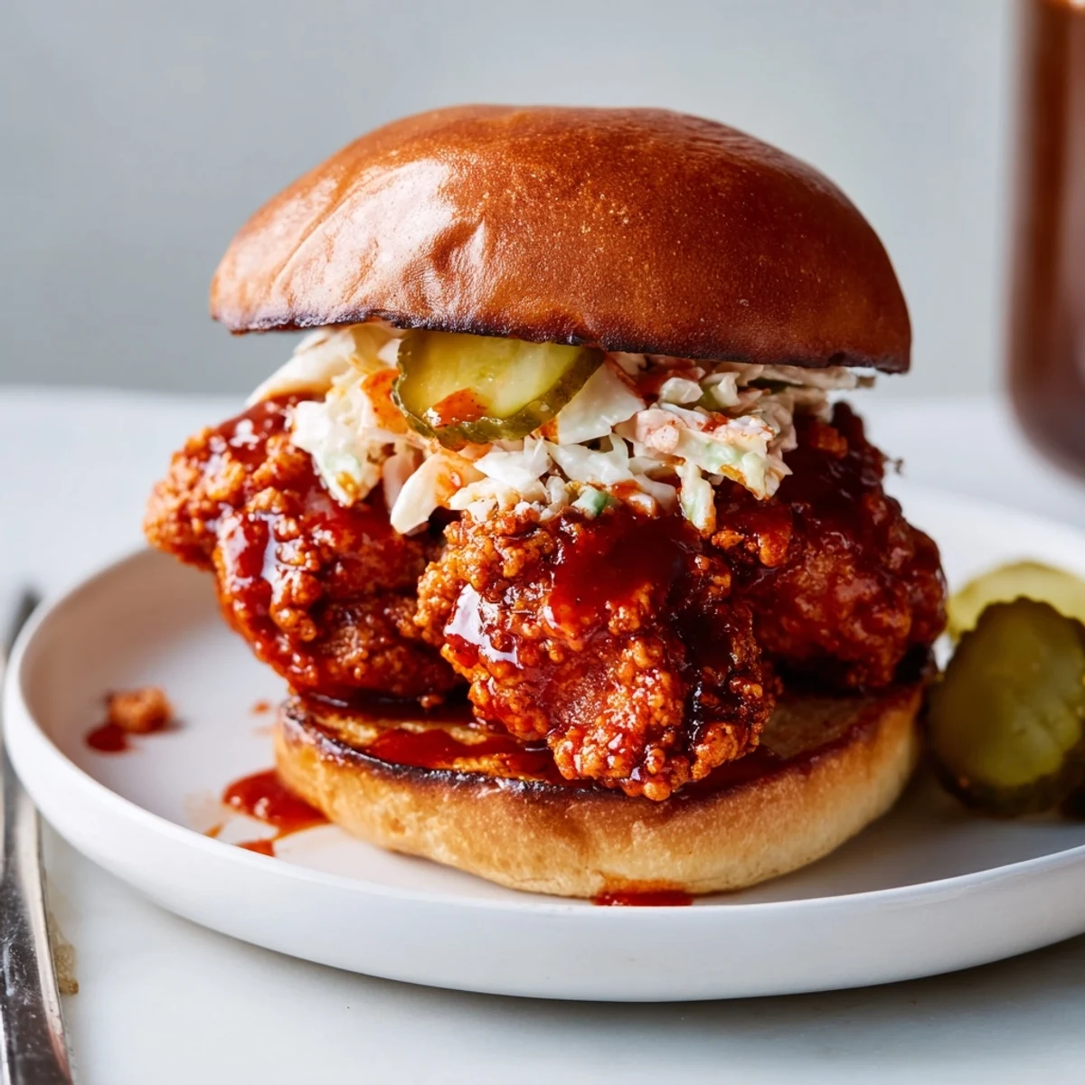 Spicy Nashville Hot Chicken Sandwiches on toasted brioche with creamy slaw and pickles.