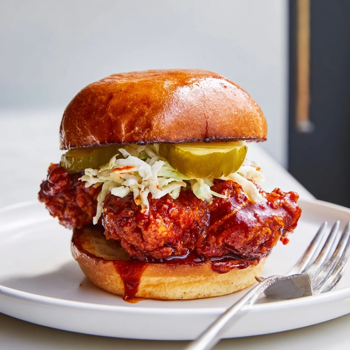 Handheld Spicy Nashville Hot Chicken Sandwiches piled high with tangy pickles and slaw.