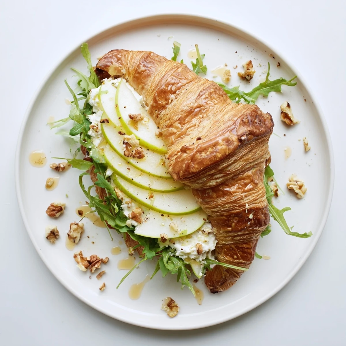 Bright Apple Goat Cheese Croissant Sandwich on plate, arugula and cracked pepper