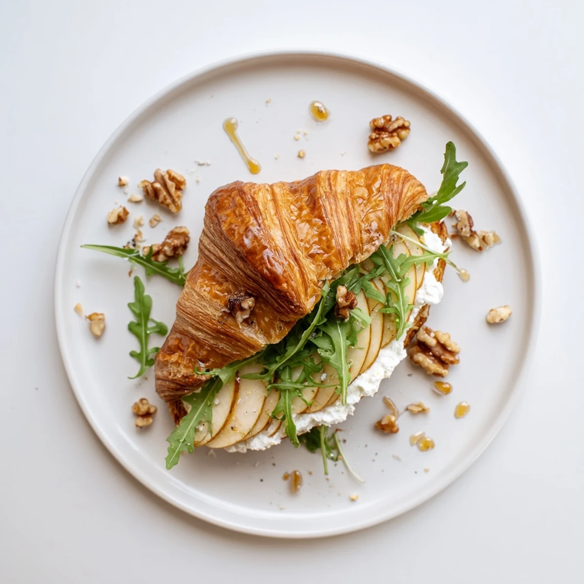 Halved Apple Goat Cheese Croissant Sandwich showing creamy filling and crunchy walnuts
