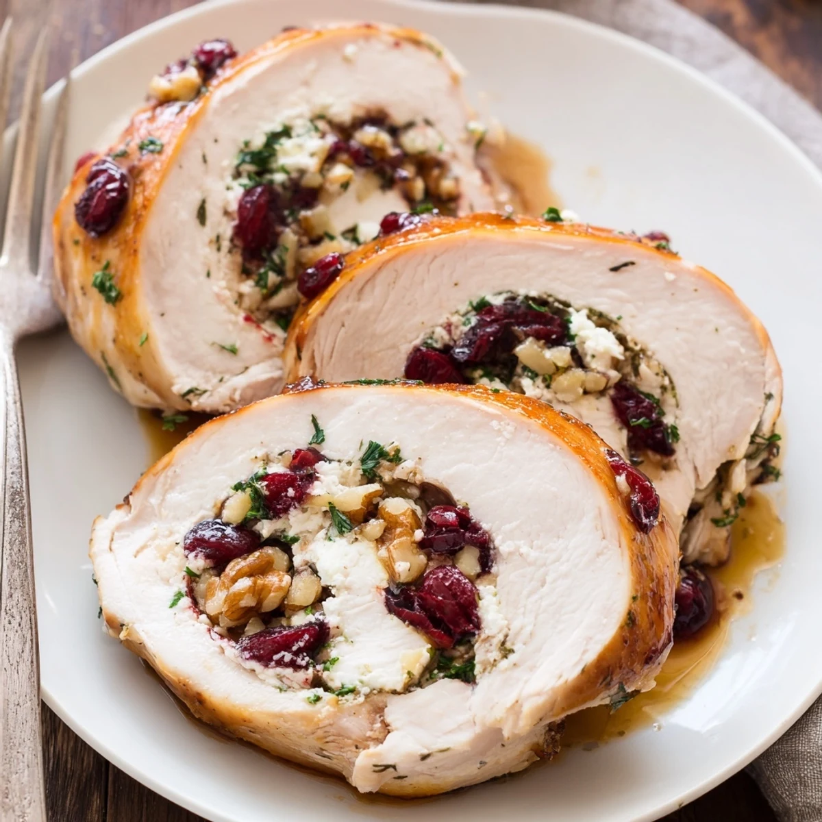 Cranberry Goat Cheese Stuffed Turkey Breast roasting on sheet, glossy honey glaze