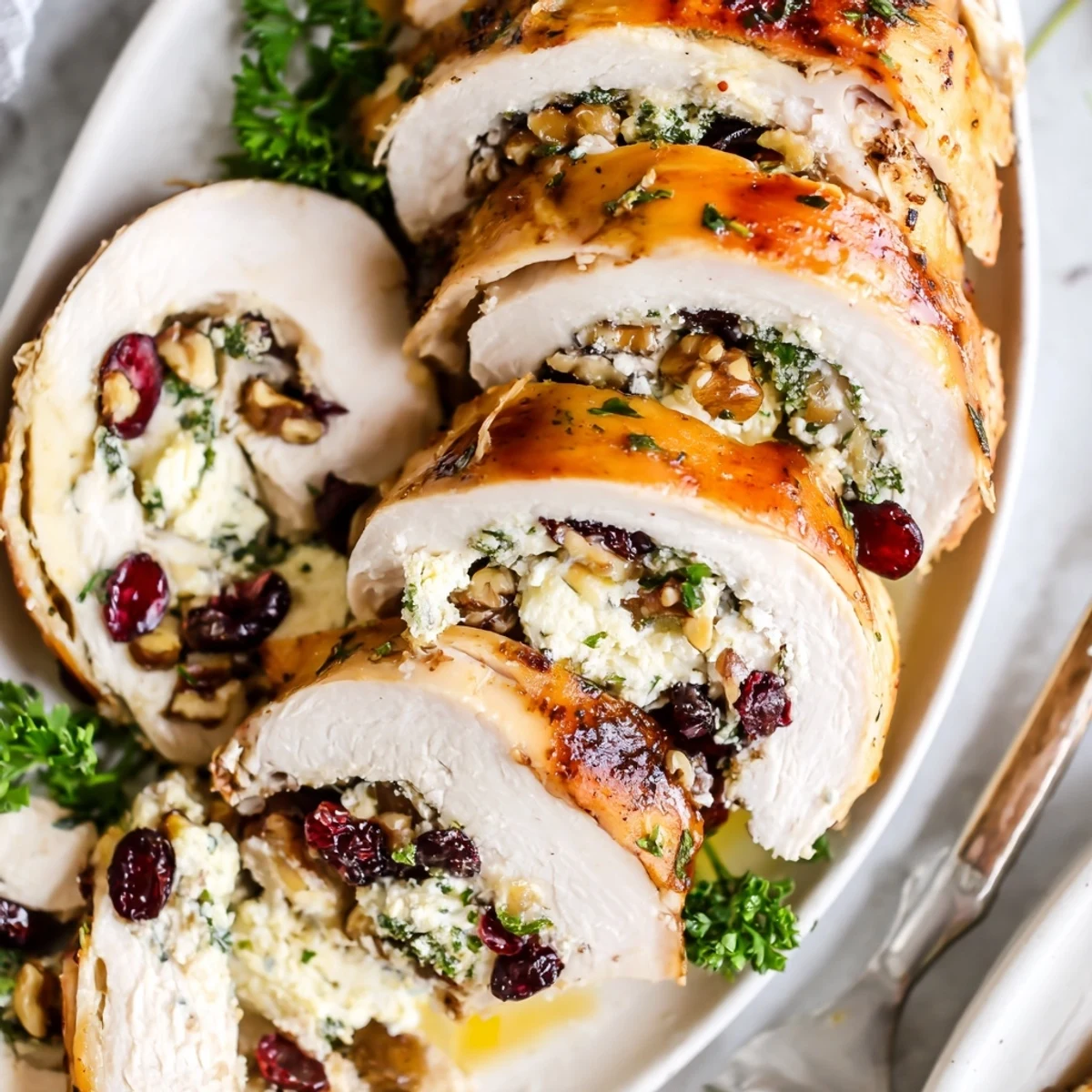 Sliced Cranberry Goat Cheese Stuffed Turkey Breast on platter, savory sweet aroma