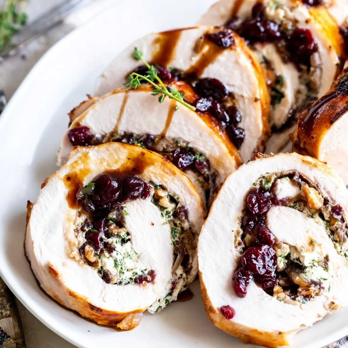 Cranberry Goat Cheese Stuffed Turkey Breast Delight served with roasted root vegetables, steaming