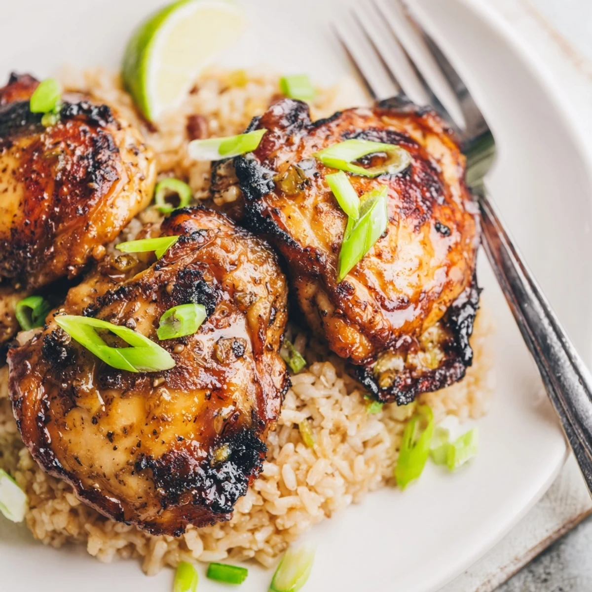 Caribbean Jerk Chicken And Rice with juicy seared thighs over coconut rice
