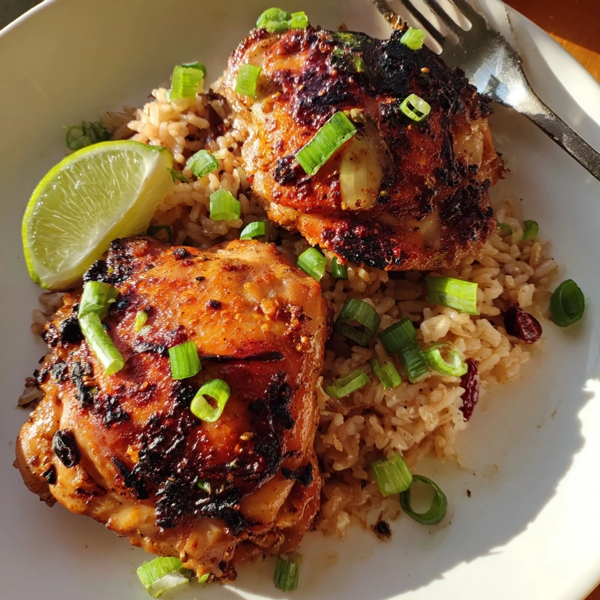 Steaming bowl of aromatic spices, beans, plantains with Caribbean Jerk Chicken And Rice