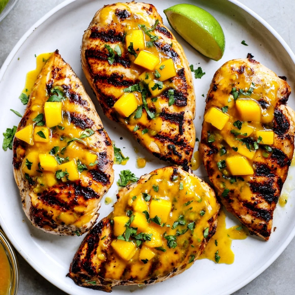Grilled Mango Lime Chicken resting on plate, charred edges, glossy mango glaze