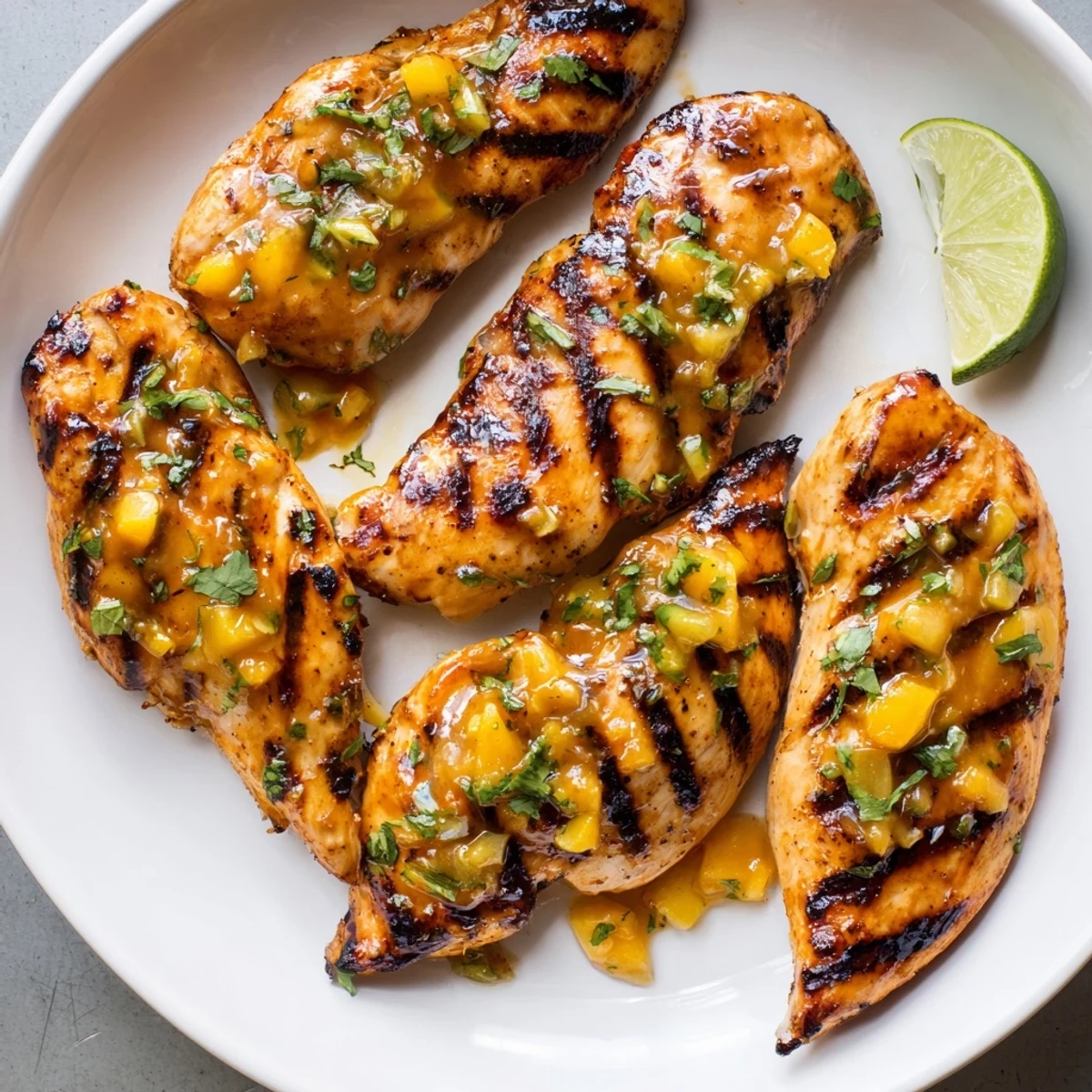 Zesty Grilled Mango Lime Chicken with cilantro garnish and lime wedges, steaming