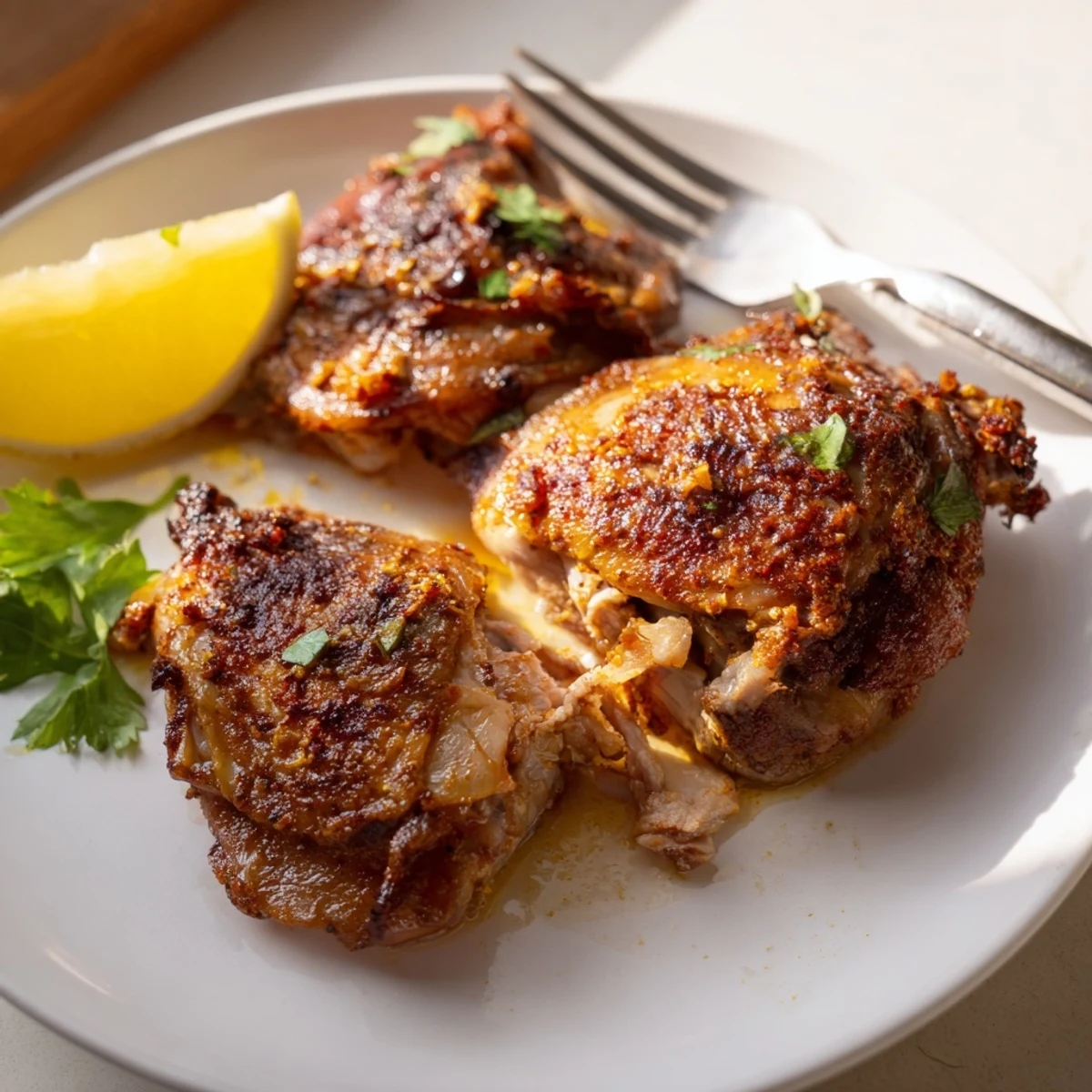 Moroccan Spiced Chicken Thighs roasted golden with crisp skin and citrus wedges