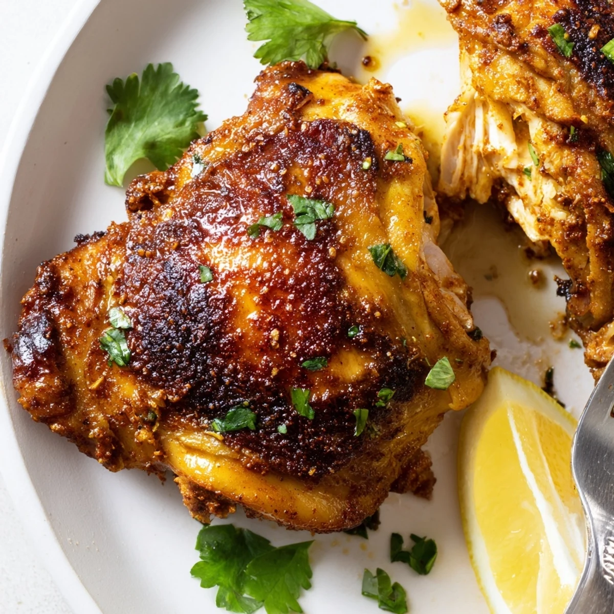 Warm Moroccan Spiced Chicken Thighs glistening in spice oil, garnished with cilantro