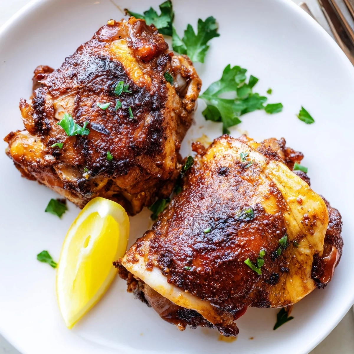 Juicy Moroccan Spiced Chicken Thighs resting after roasting, served with lemon wedges