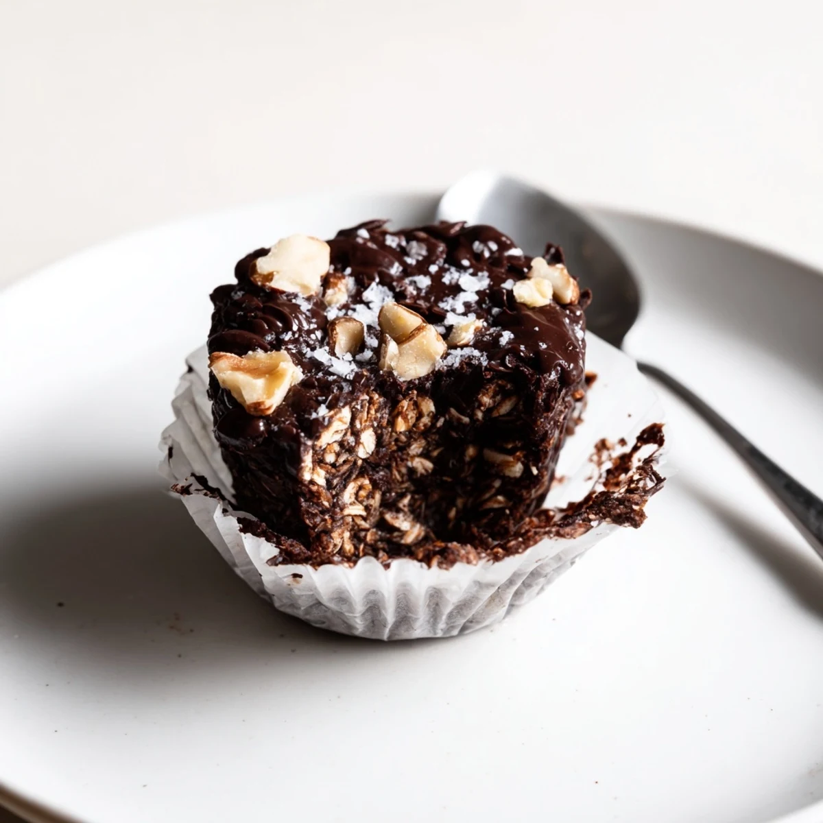 Warm, gooey Decadent Dark Chocolate Oatmeal Cups served in paper liners.
