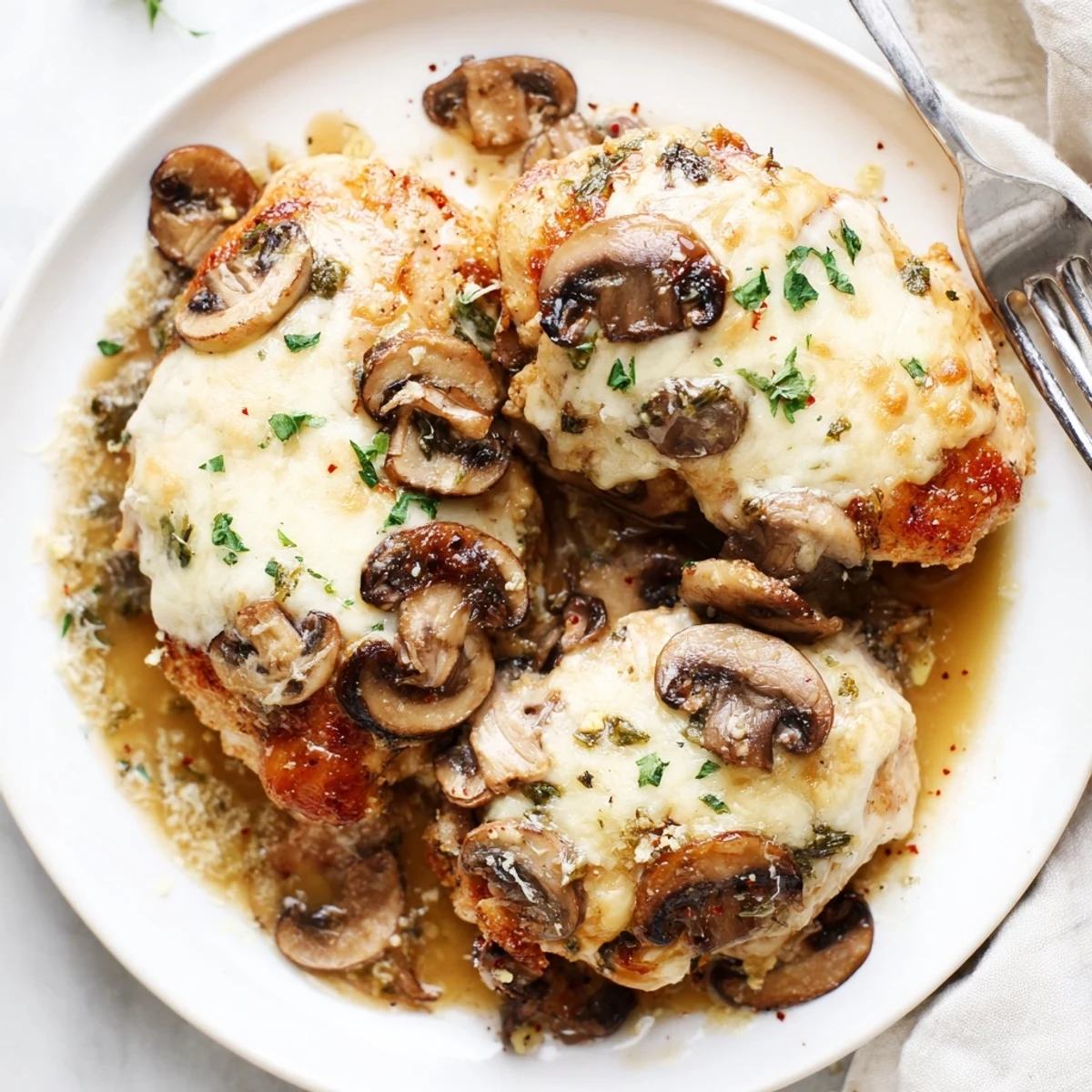 Cheesy Baked Chicken With Mushrooms, golden bubbly cheese atop tender chicken breasts  