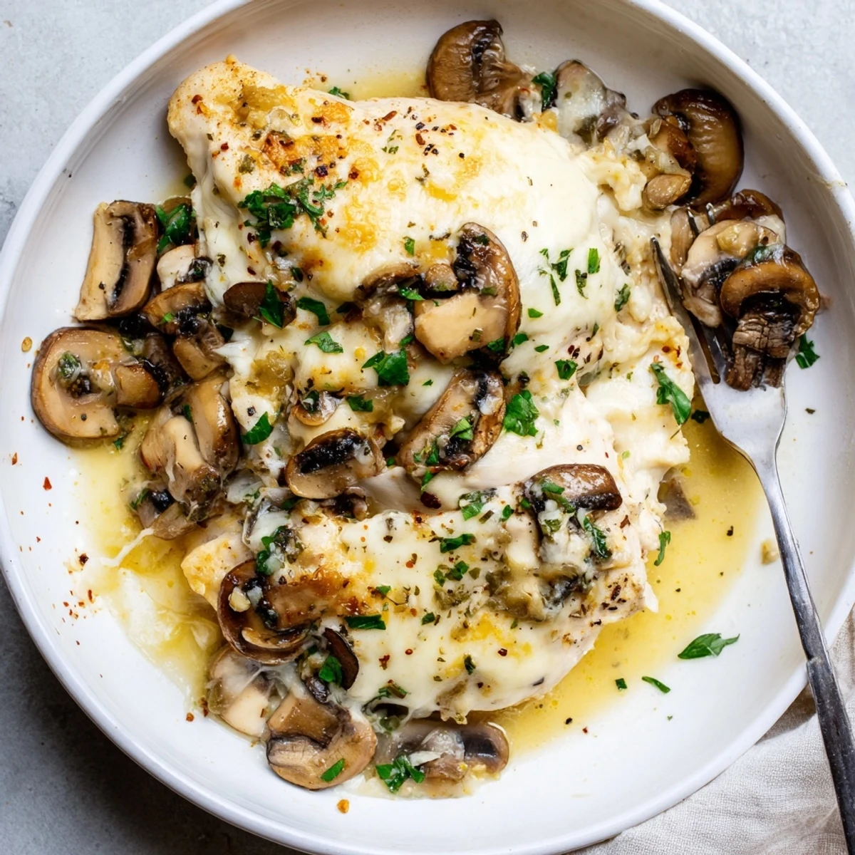 Carved Cheesy Baked Chicken With Mushrooms, sautéed garlic mushrooms and gooey mozzarella  