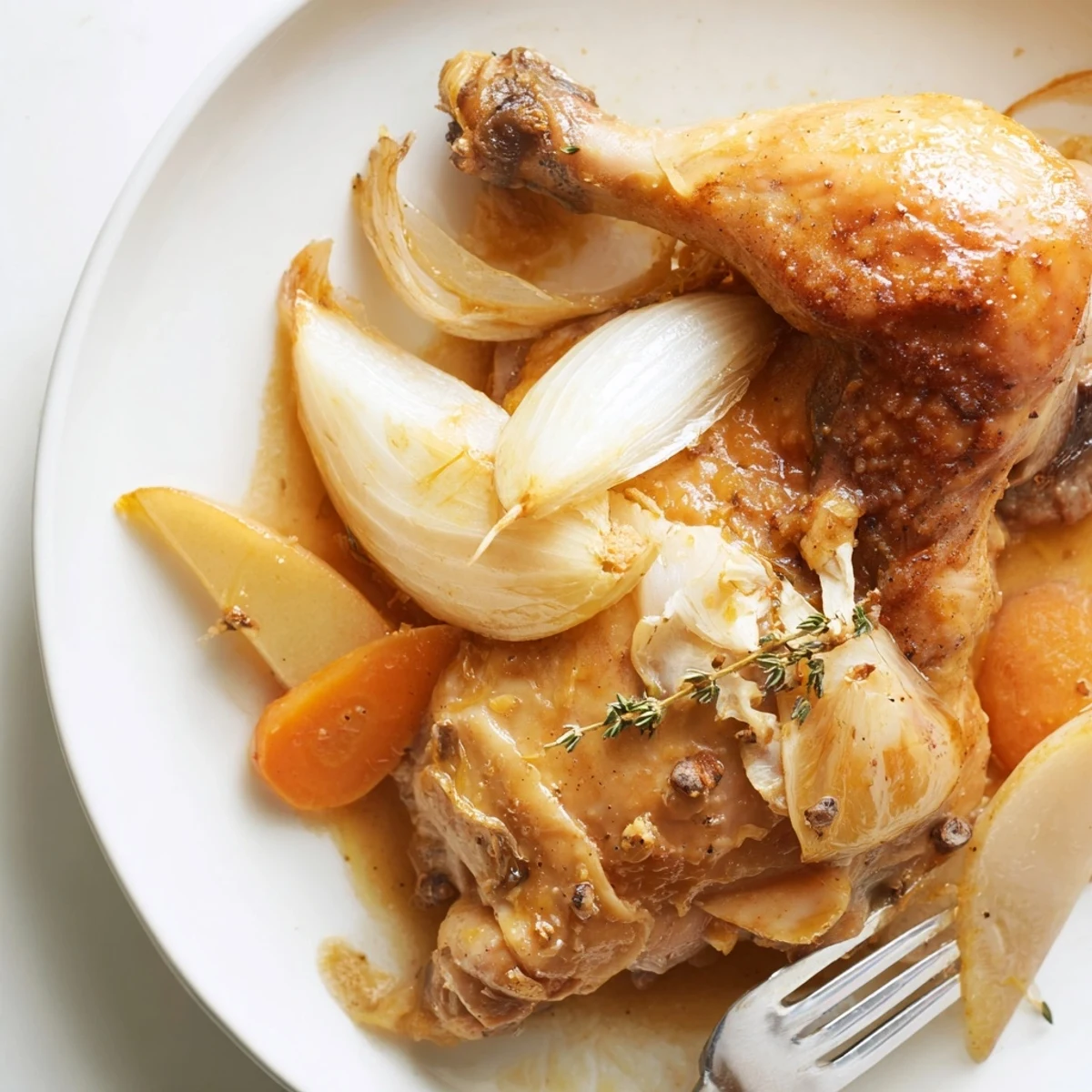 French Chicken Casserole à la Normande with browned chicken, apples, creamy cider sauce