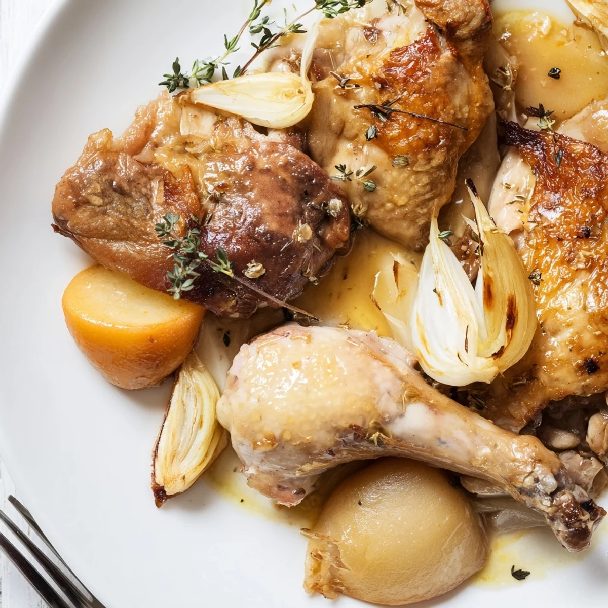 Oven-baked French Chicken Casserole à la Normande garnished with thyme, golden apples