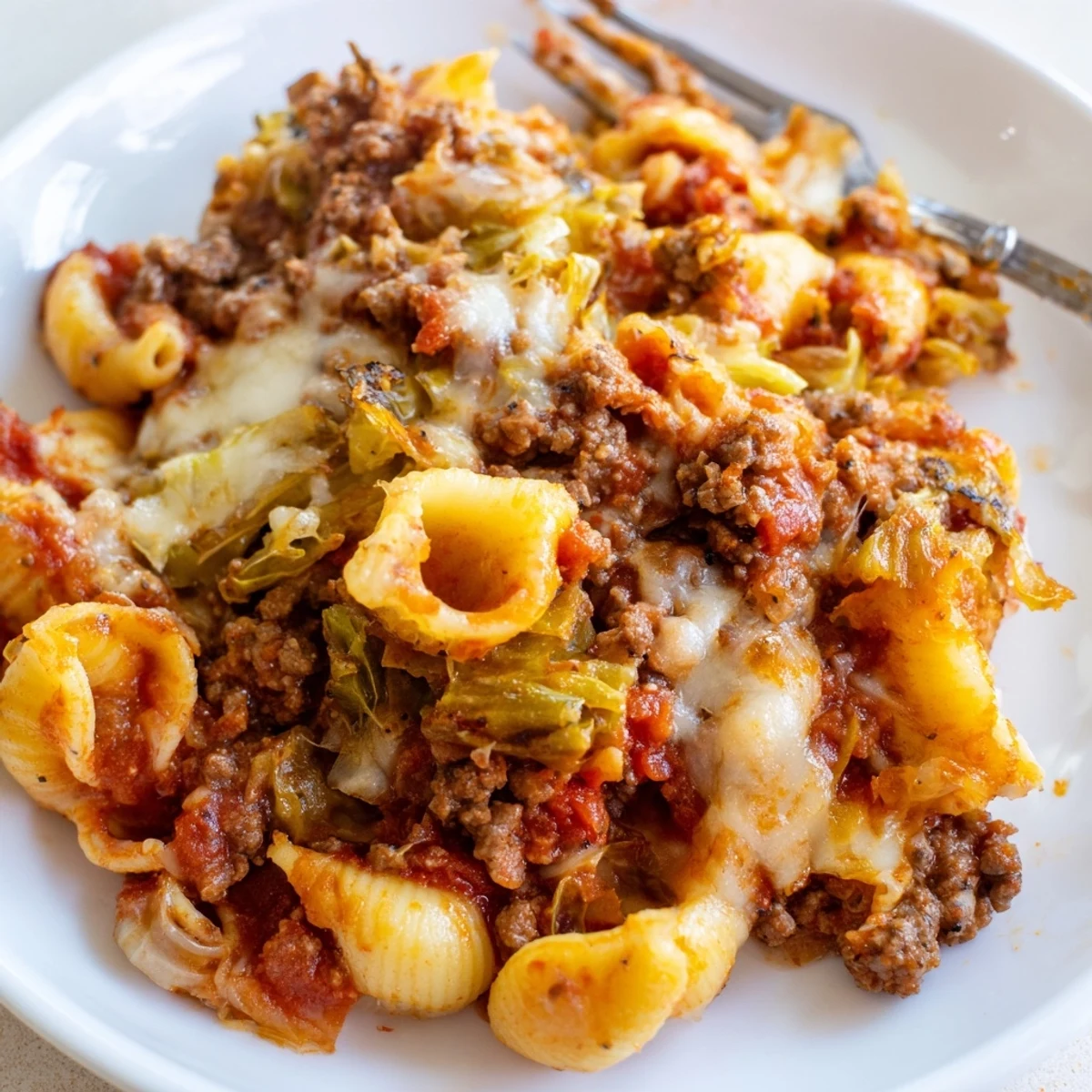 Hearty family-style Cabbage Roll Pasta Bake, tomato sauce and beef with crusty bread.