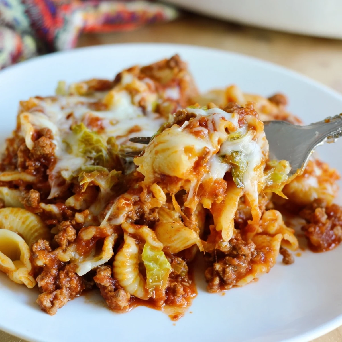 Bubbly skillet-finished Cabbage Roll Pasta Bake with tomato sauce and beef, tender cabbage visible.
