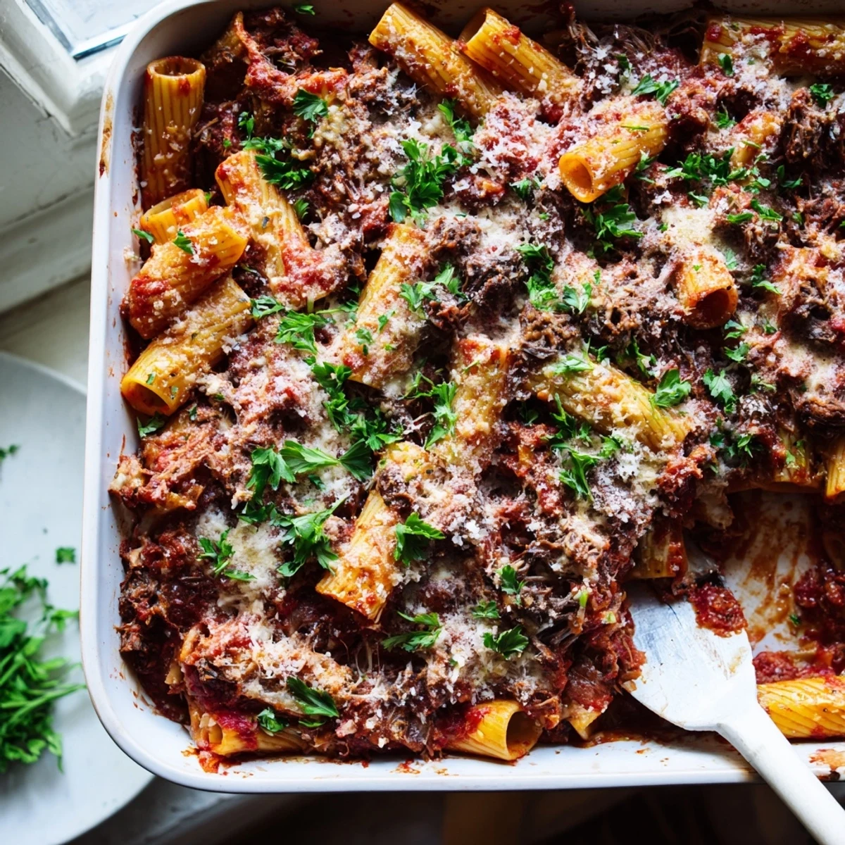 Golden baked chuck roast pasta with melted mozzarella and rich tomato sauce in a ceramic dish