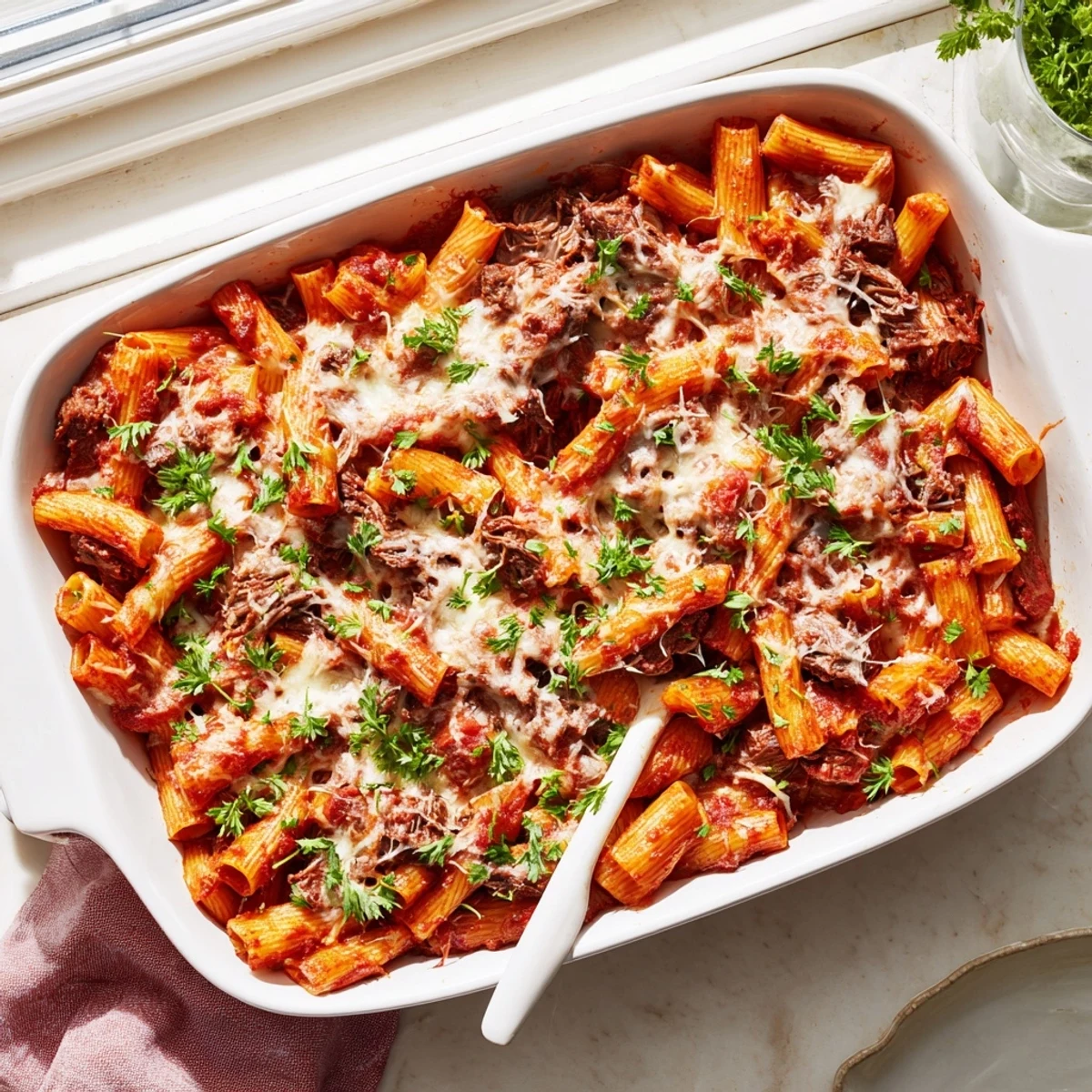 Hearty comfort food casserole featuring slow-cooked chuck roast in savory tomato sauce with gooey cheese