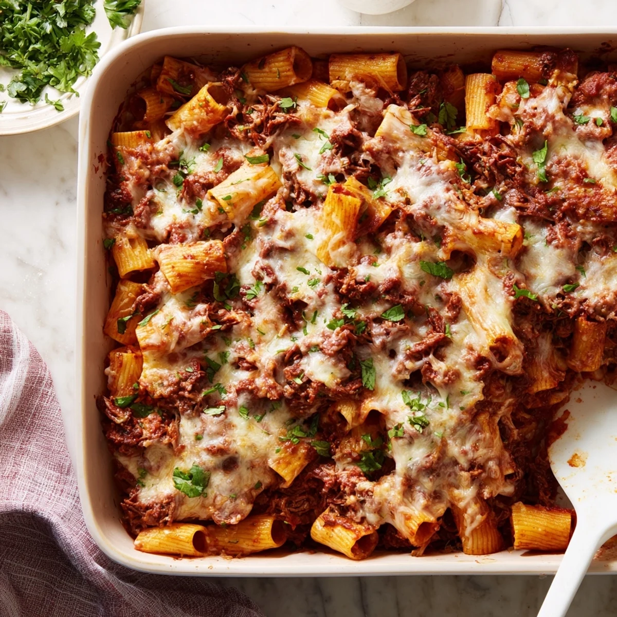 Tender shredded beef layered over rigatoni topped with bubbly Parmesan and fresh parsley garnish
