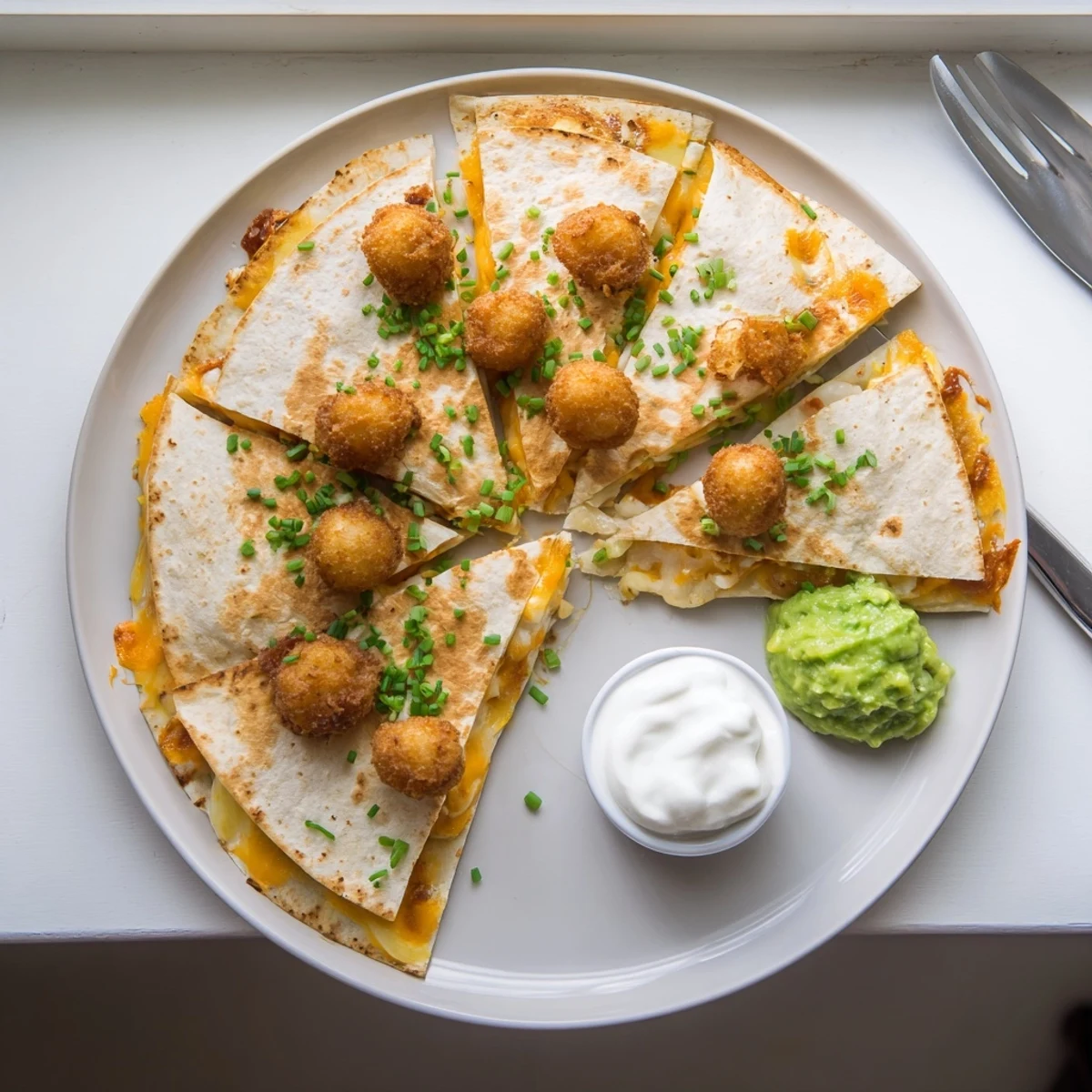 Golden crispy onion ring chips and melted cheese inside folded tortilla for this quesadilla recipe