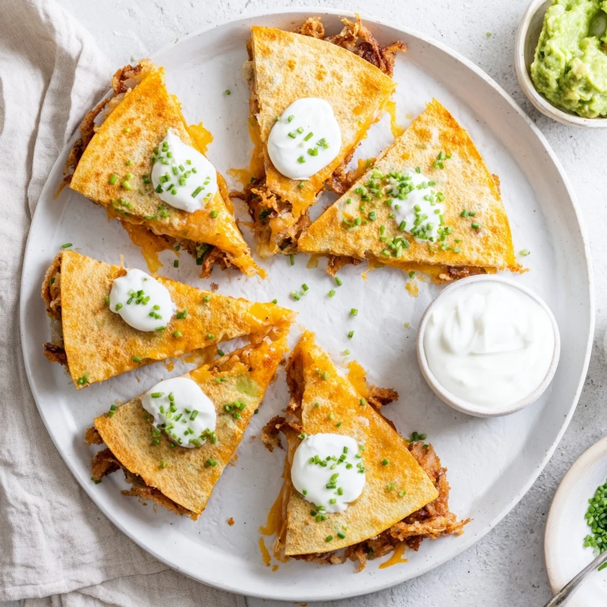 Sliced wedges revealing crunchy onion rings and gooey cheddar mozzarella blend in these quesadillas