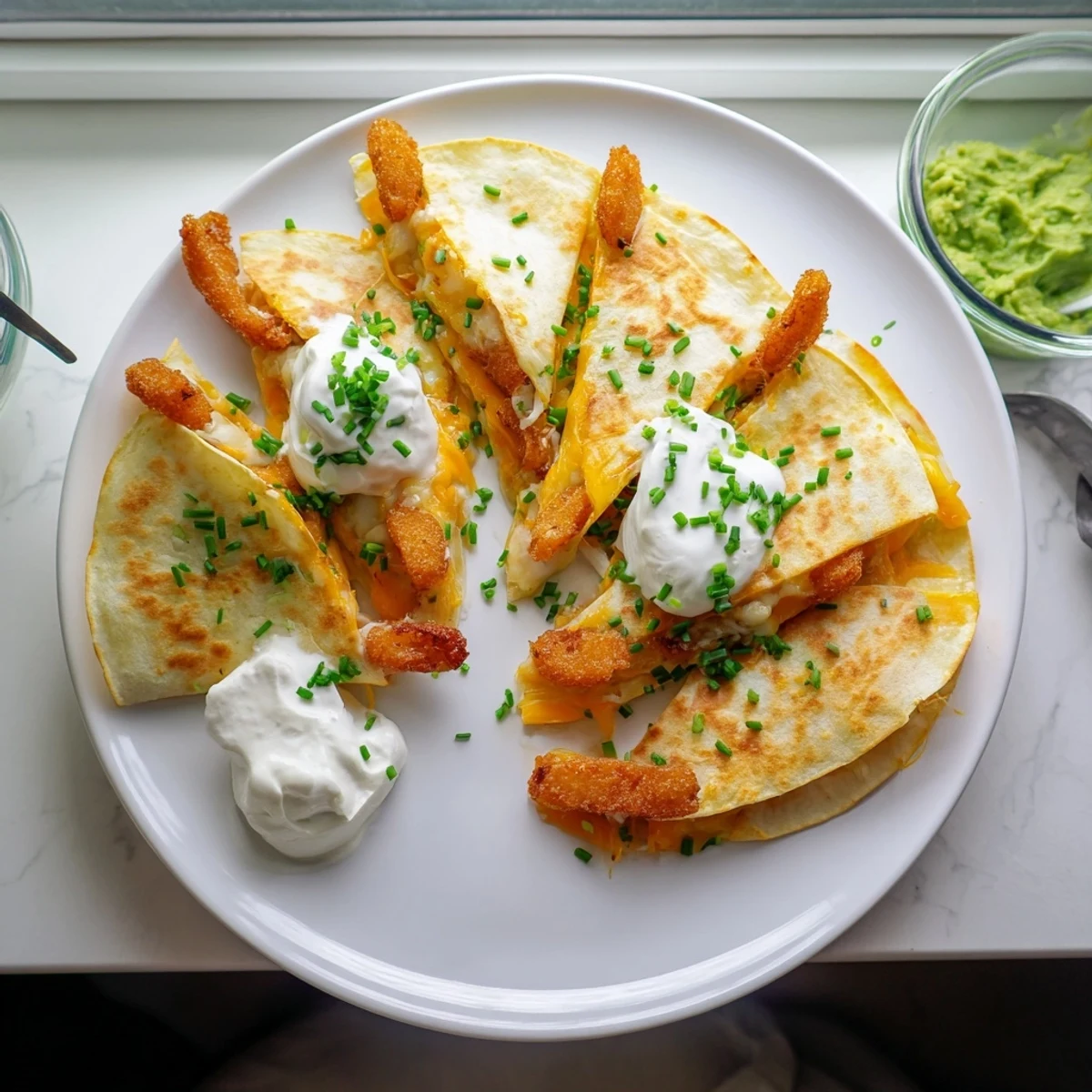 Tex-Mex skillet showing golden tortilla stuffed with fried onion rings and bubbling cheese mixture