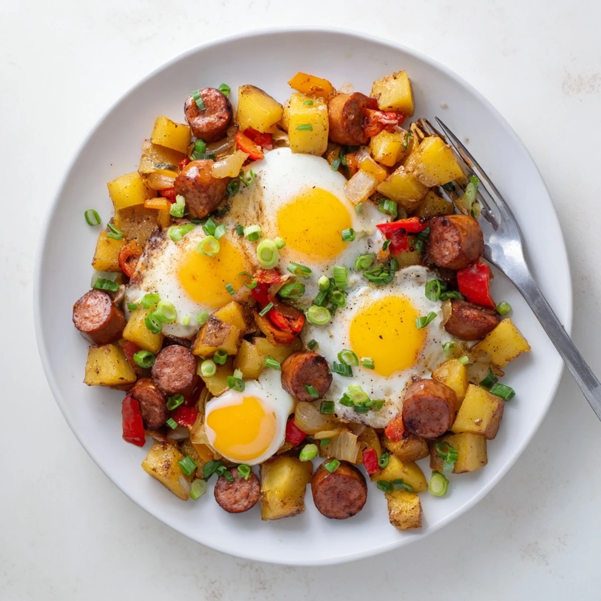 Cajun beef sausage breakfast hash with golden potatoes and perfectly cooked sunny-side up eggs in a cast iron skillet