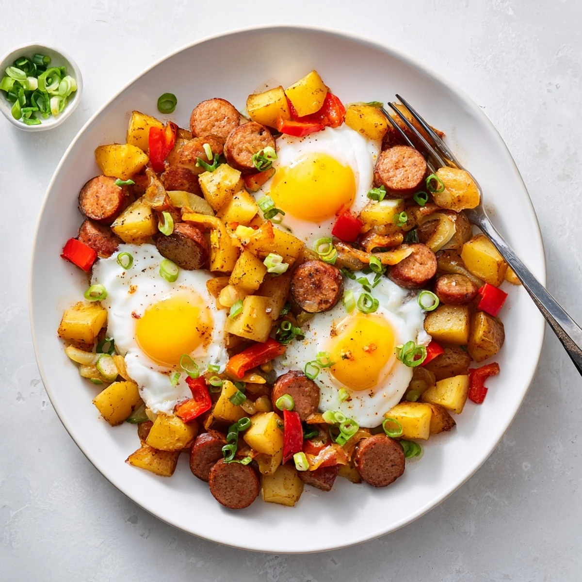 Hearty Cajun beef sausage breakfast hash featuring crispy diced potatoes, colorful bell peppers, and eggs nestled into the savory mixture