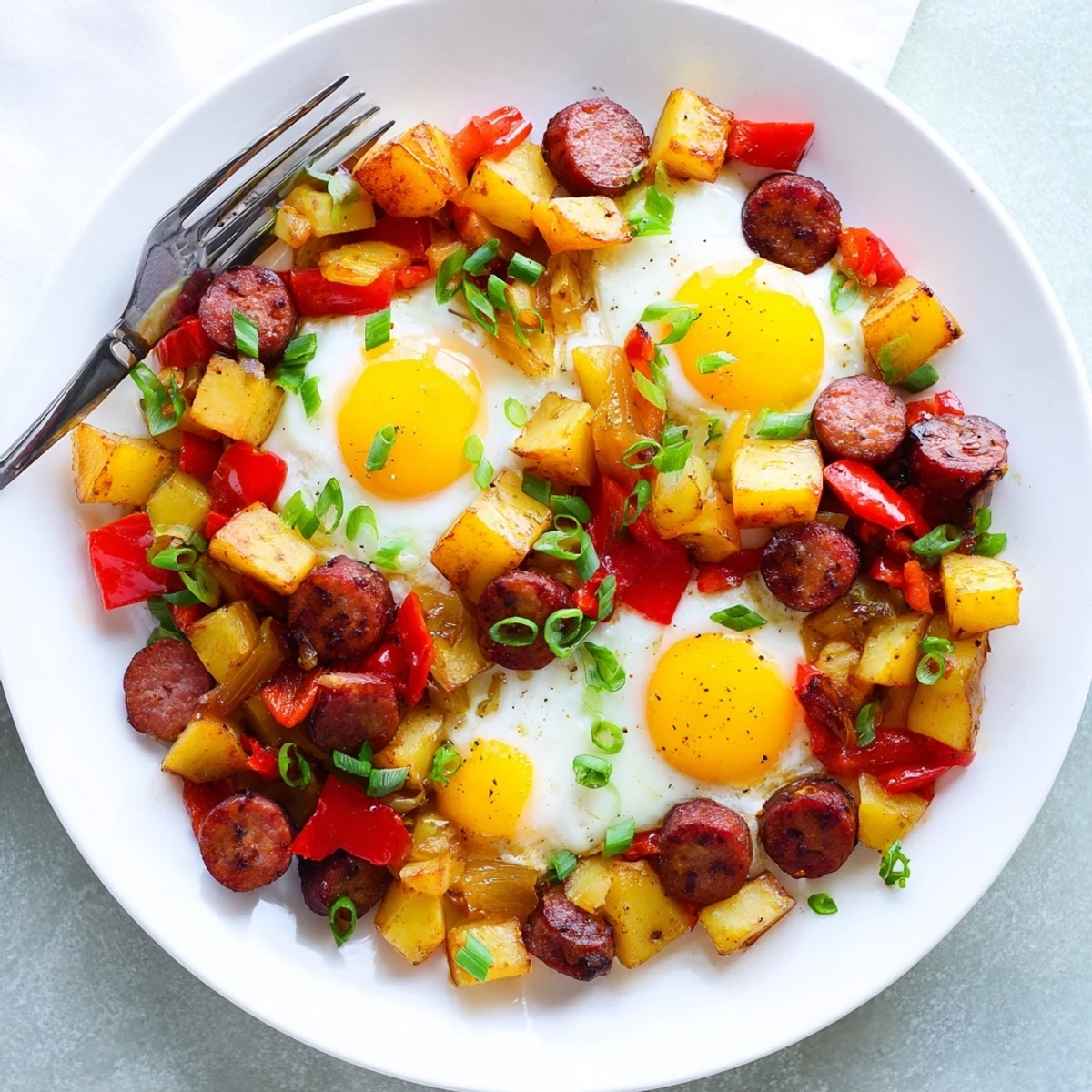 Golden potato and Cajun beef sausage breakfast hash topped with runny eggs, garnished with fresh green onions in a large skillet