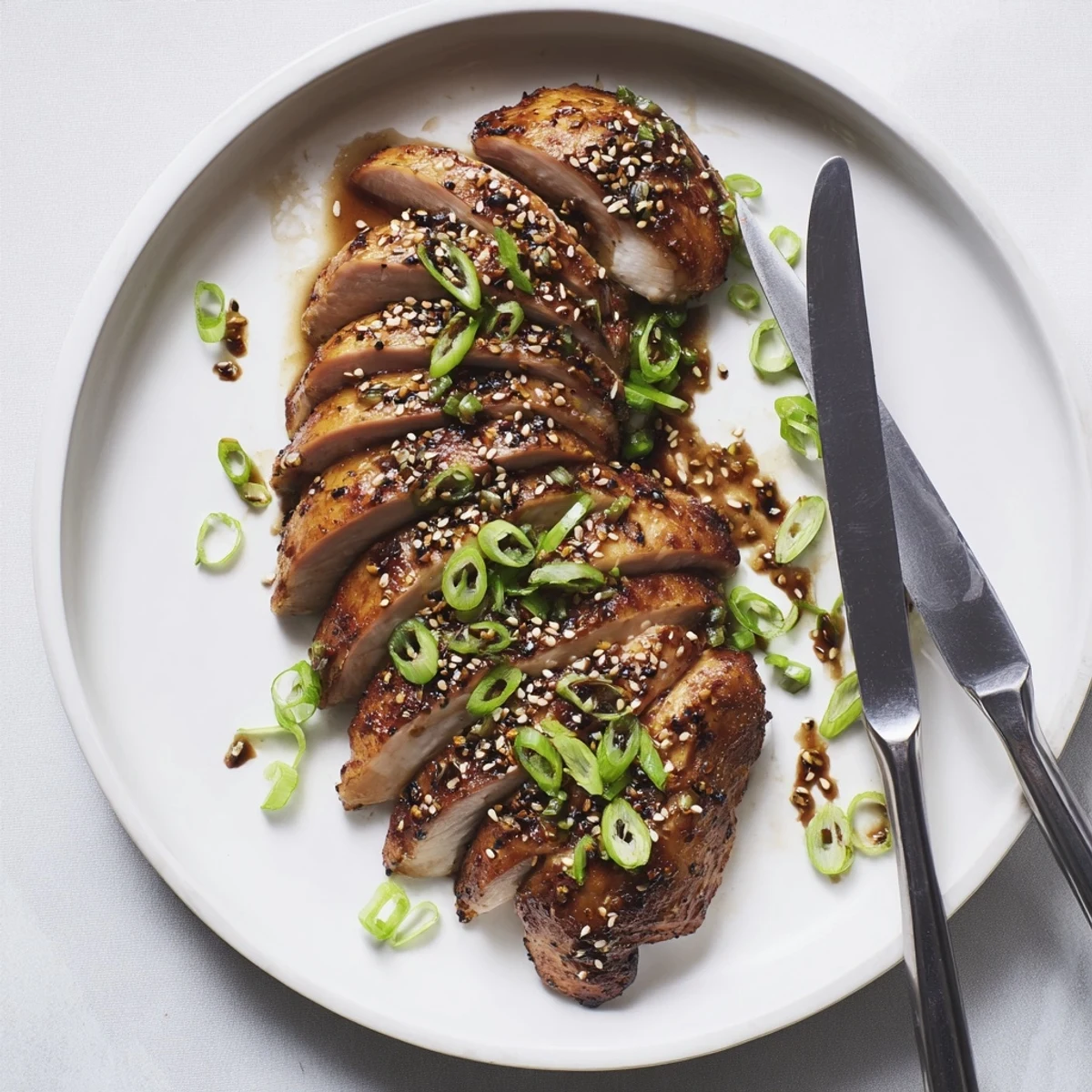 Golden pan-seared garlic black pepper chicken garnished with fresh green onions and sesame seeds