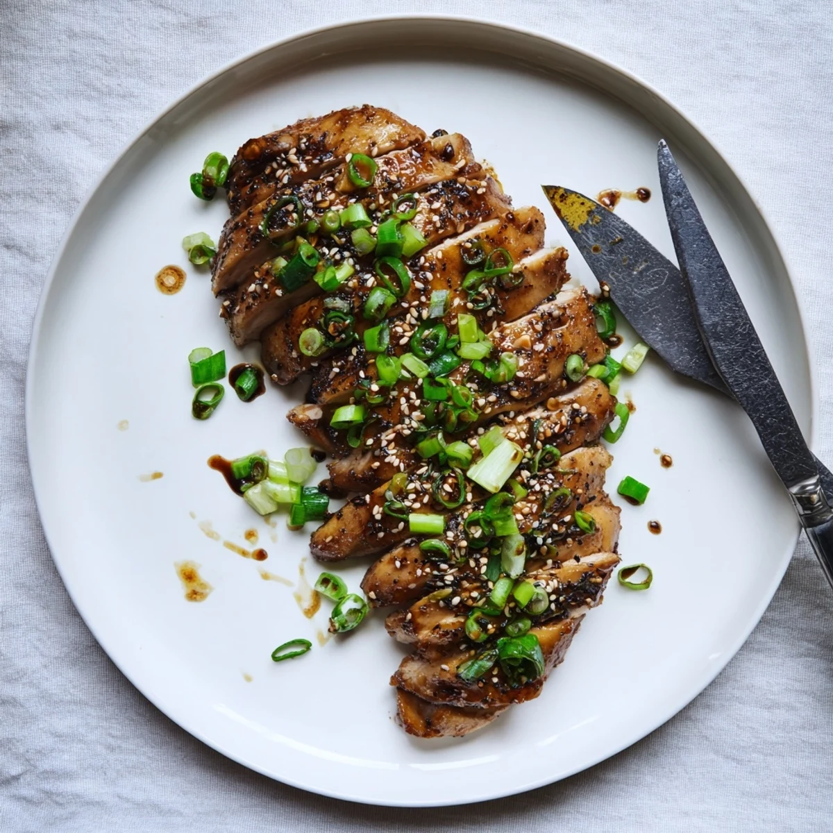 Juicy baked garlic black pepper chicken thighs served over fluffy white rice with roasted vegetables