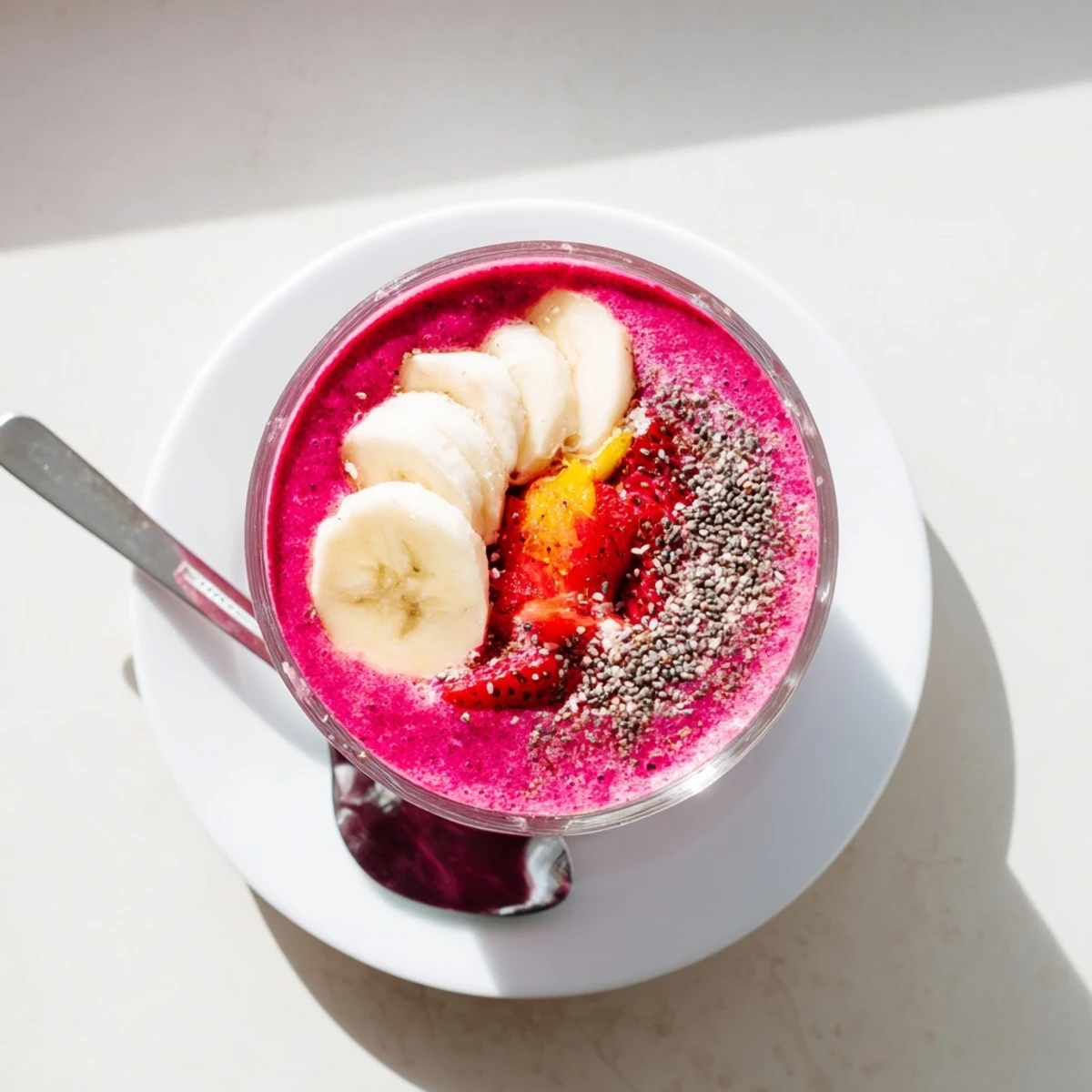 Refreshing magenta beet smoothie garnished with mint leaves and drizzled with honey on top