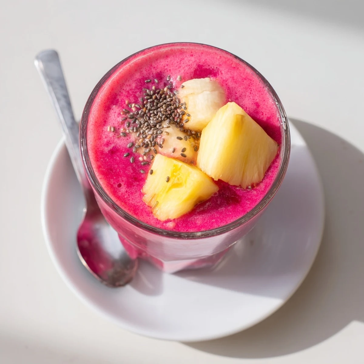 Creamy purple beet smoothie poured into a tall glass with banana slices and frozen strawberries