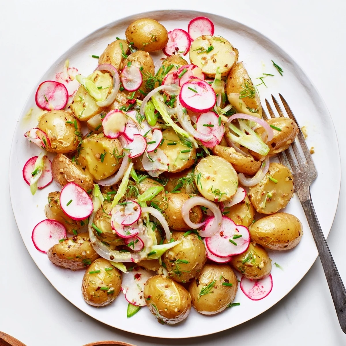 Warm roasted potato salad tossed with fresh herbs and colorful red onions for summer gatherings