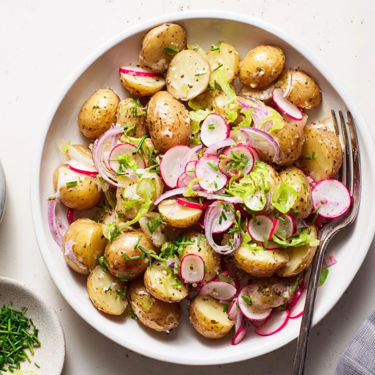 Golden roasted potato salad with crisp vegetables and tangy mustard dressing in a serving bowl
