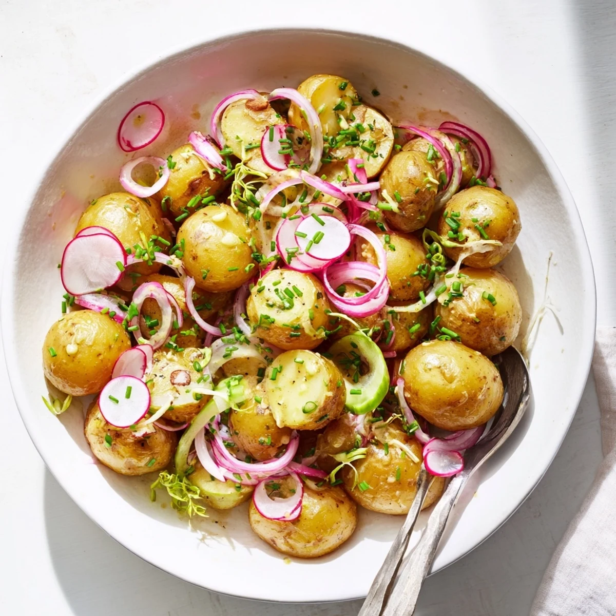 Crispy roasted potato salad featuring baby potatoes, radishes, and creamy Dijon mustard dressing