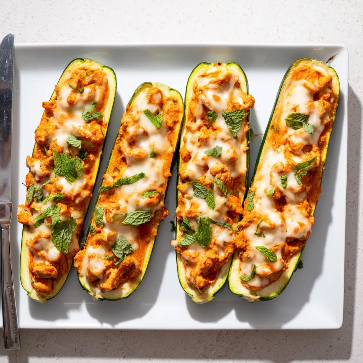 Golden zucchini boats overflowing with creamy spiced butter chicken and melted mozzarella cheese