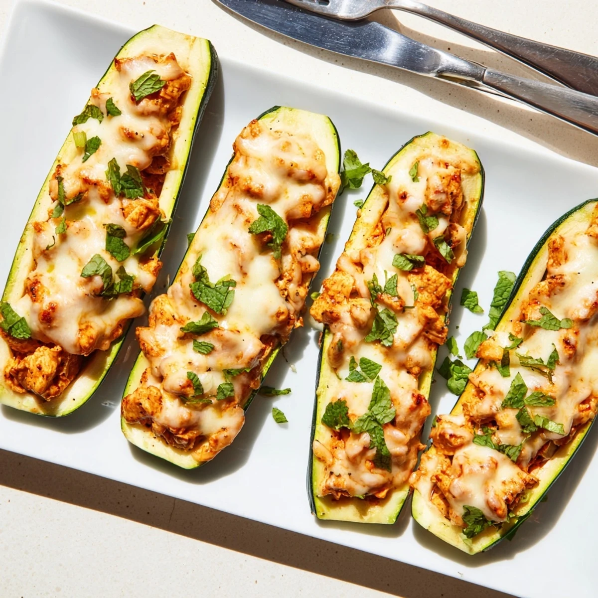 Tender roasted zucchini halves filled with aromatic Indian butter chicken topped with vibrant green cilantro