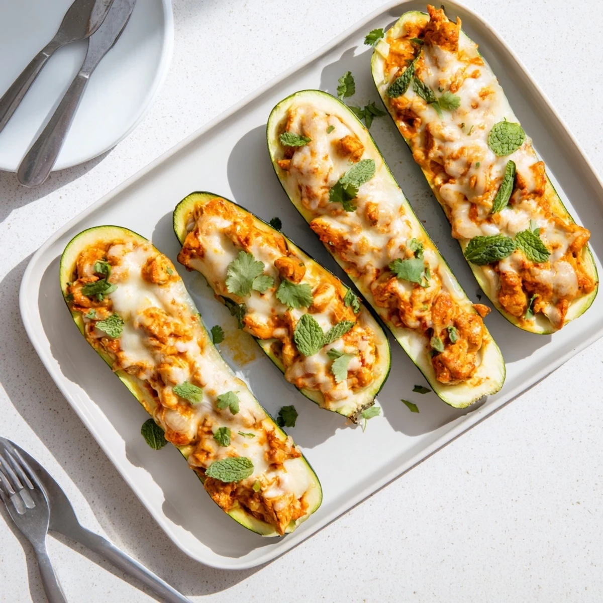 Butter chicken stuffed zucchini boats baked until golden and garnished with fresh mint leaves