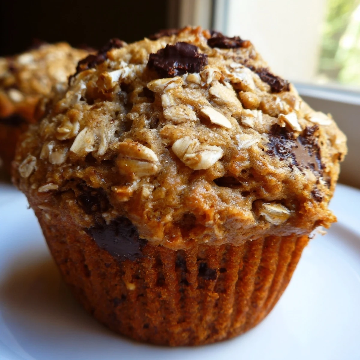 Freshly baked banana chocolate chip muffins with oats featuring golden tops and melted chocolate chips