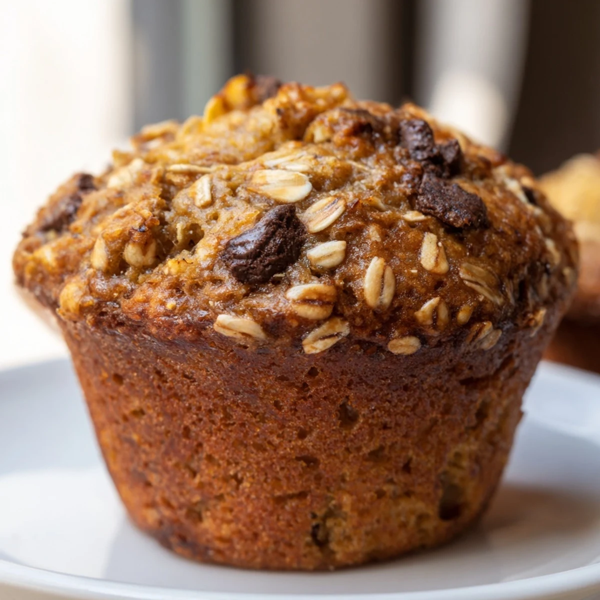 Moist banana chocolate chip muffins with oats displayed on a wire cooling rack with paper liners