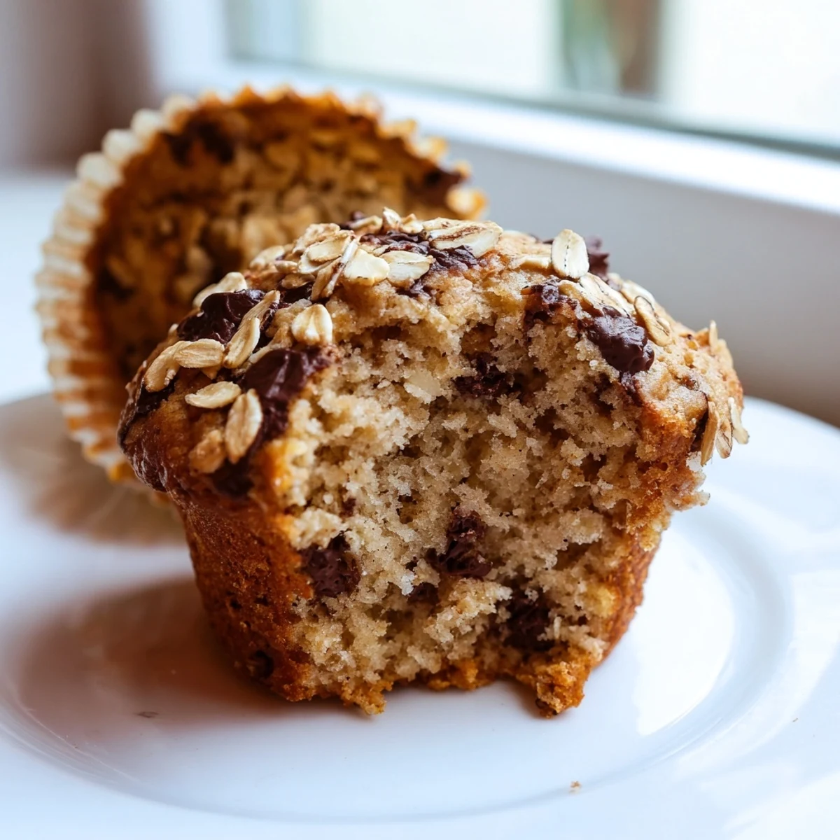 Hearty banana chocolate chip muffins with oats showing textured crumb and speckled chocolate throughout