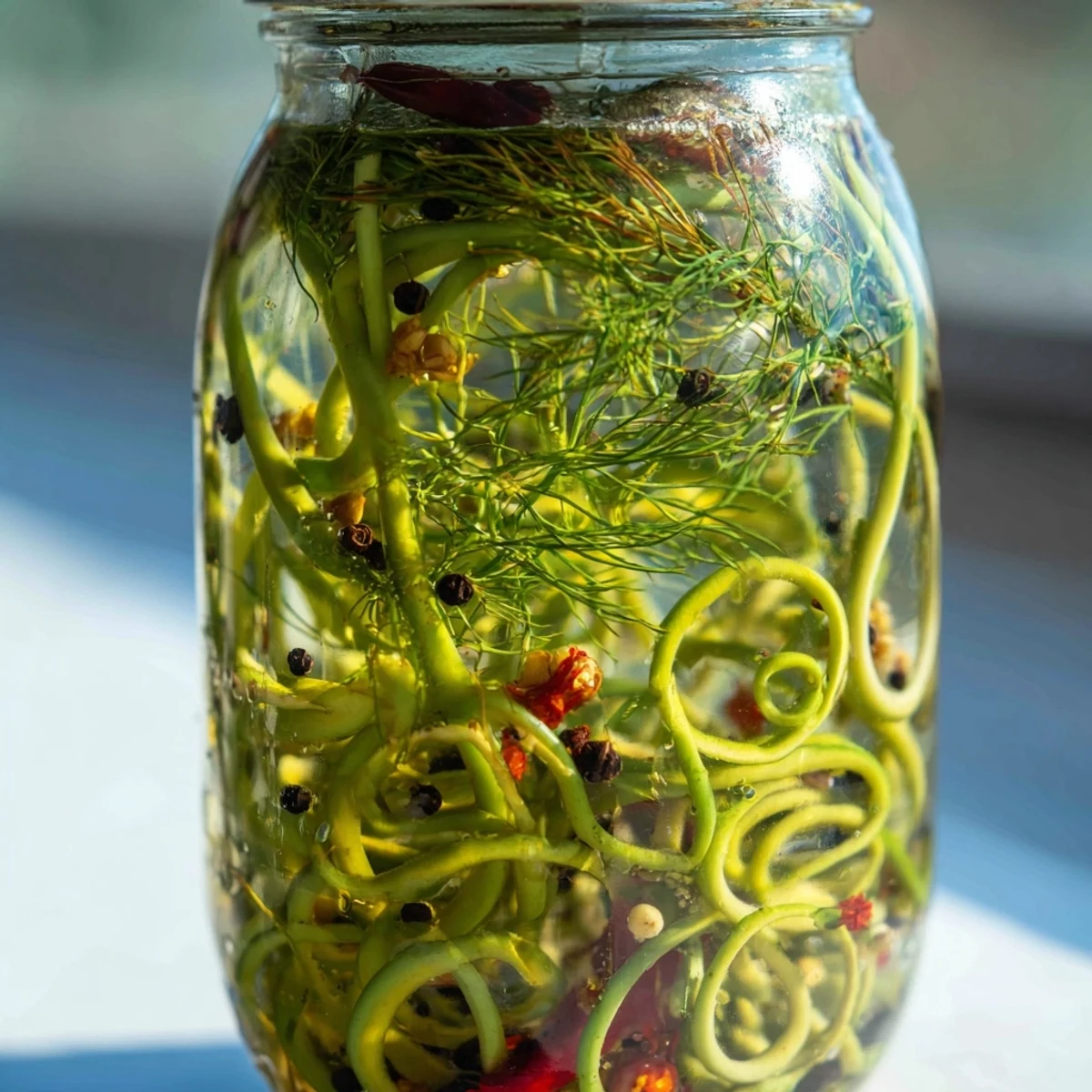Spicy pickled garlic scapes with vinegar brine in clear glass jars