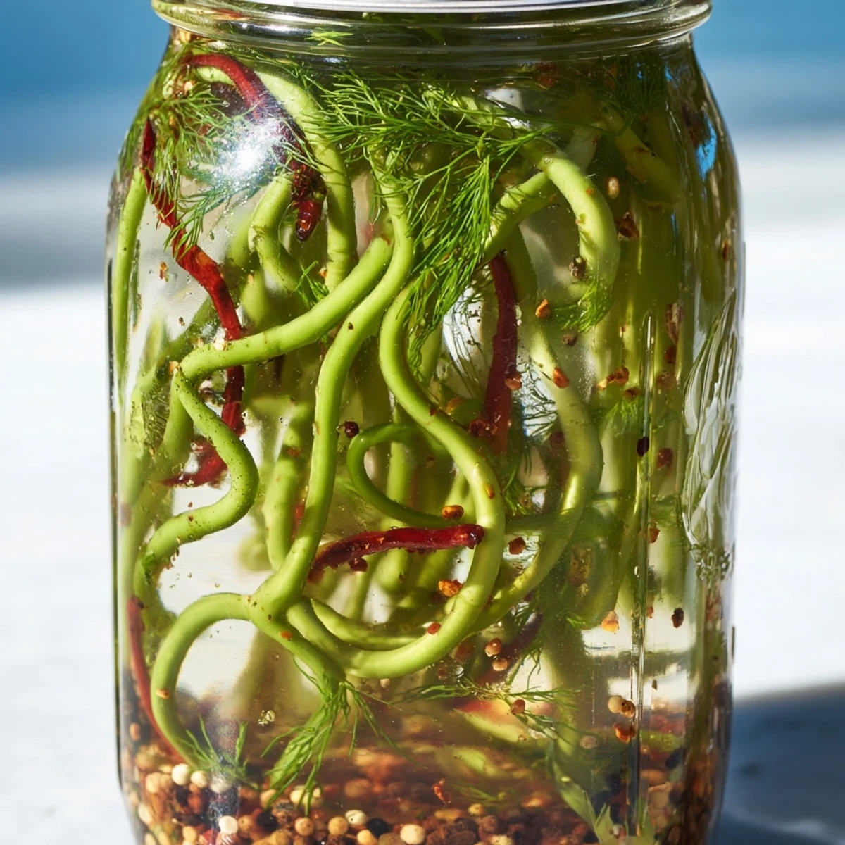 Crispy garlic scapes packed in brine with red pepper and dill