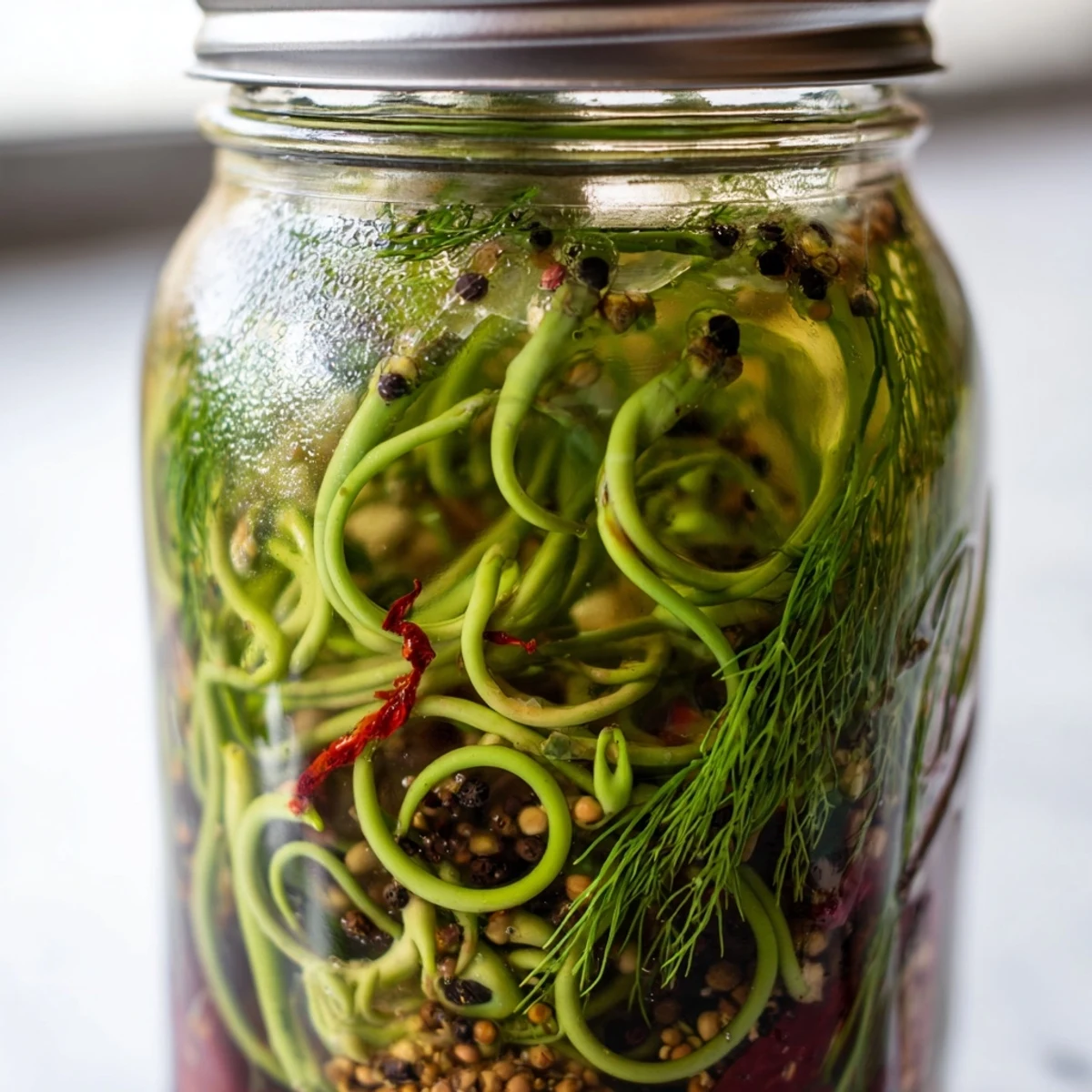 Tangy pickled garlic scapes arranged neatly with whole spices and chilies