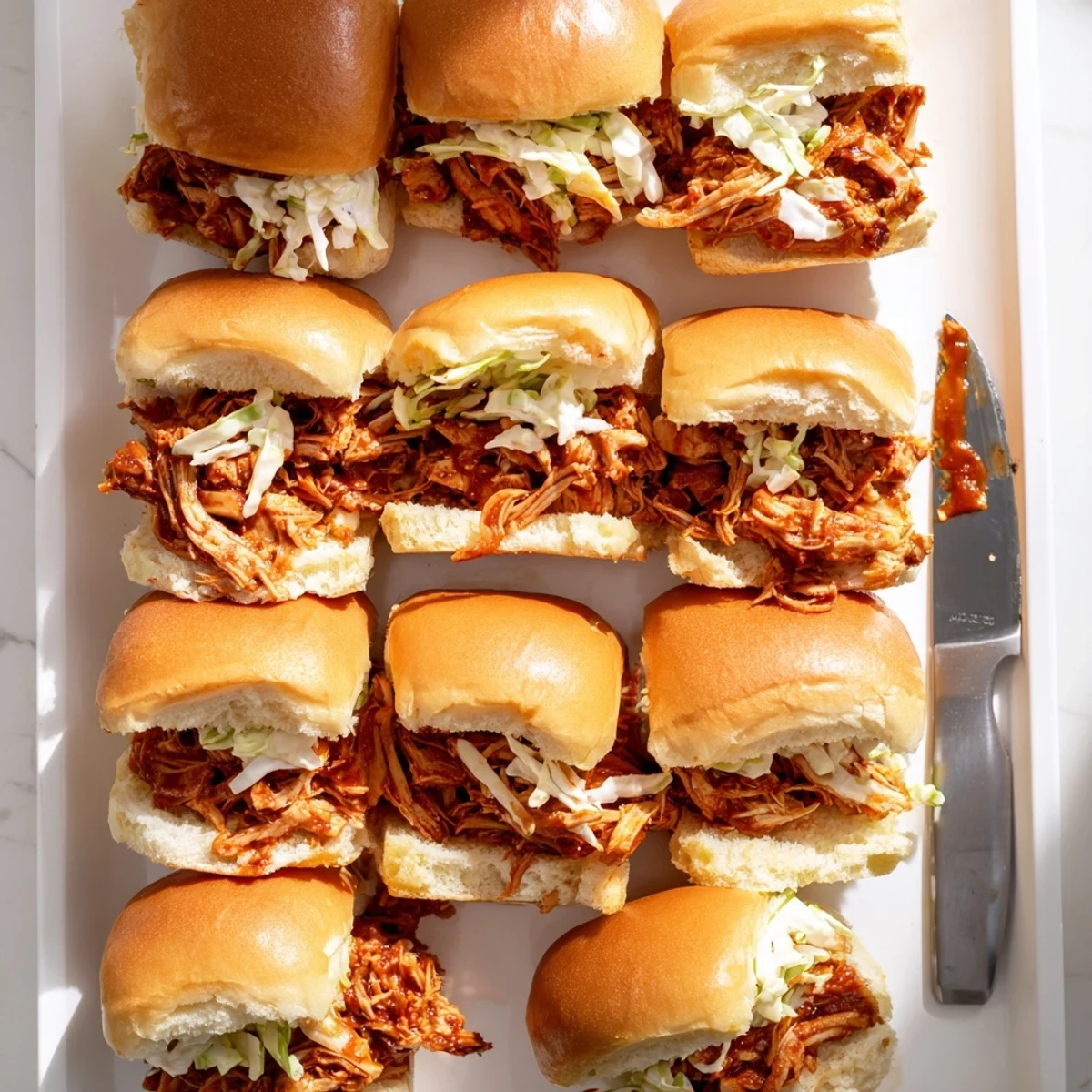 Homemade BBQ pulled chicken sliders featuring juicy shredded meat on buttery toasted Hawaiian rolls