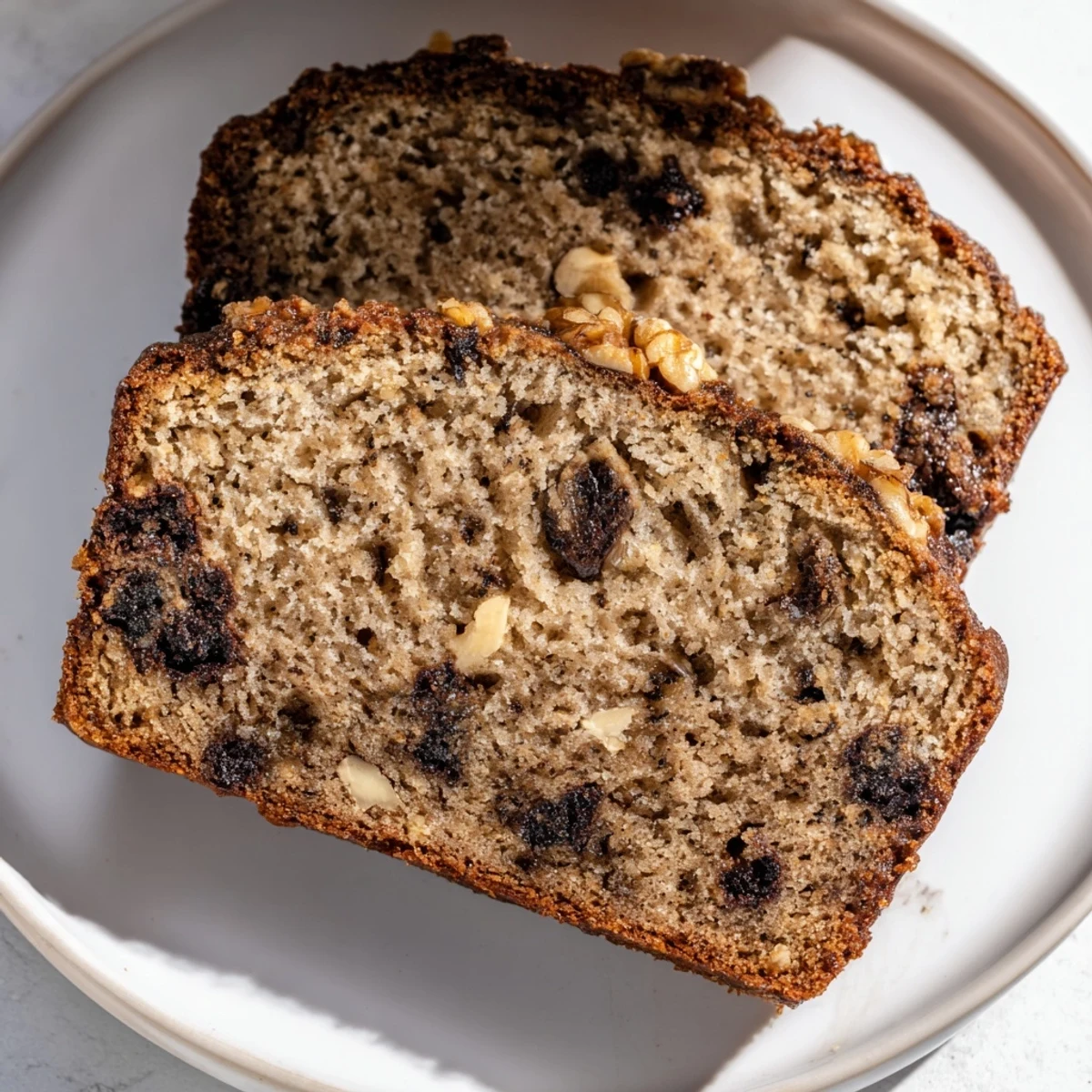 Thick slice of moist protein banana bread oil free topped with dark chocolate chips