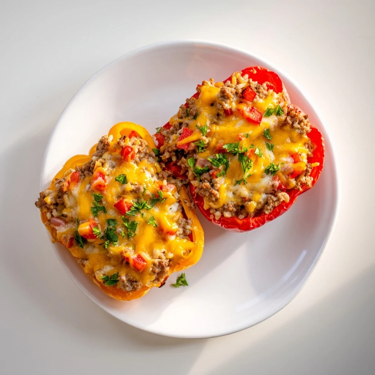 Freshly baked kielbasa stuffed bell peppers loaded with beef rice and bubbly cheddar